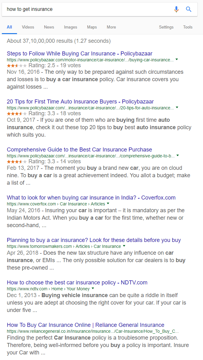 When you next search "how to get insurance" semantic search shows answers for buying car insurance.