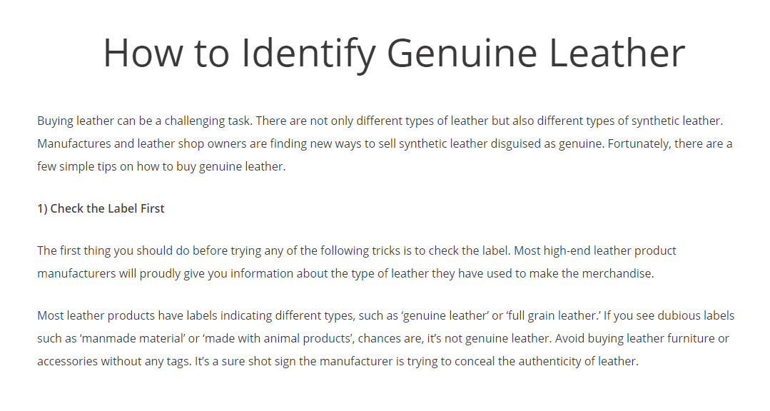 Image provides actionable tips on how to identify genuine leather