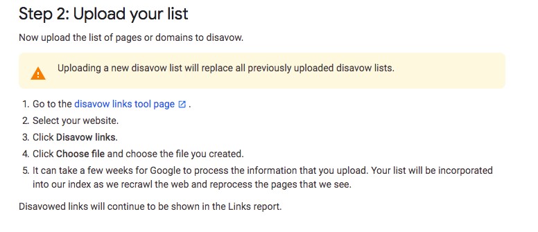 Google Disvow Tool Page