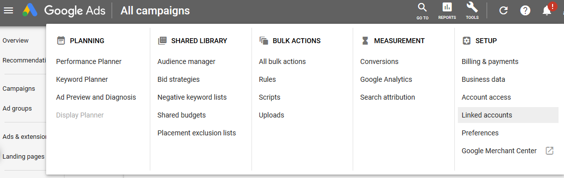 Linked Accounts in Tools of Google Adwords