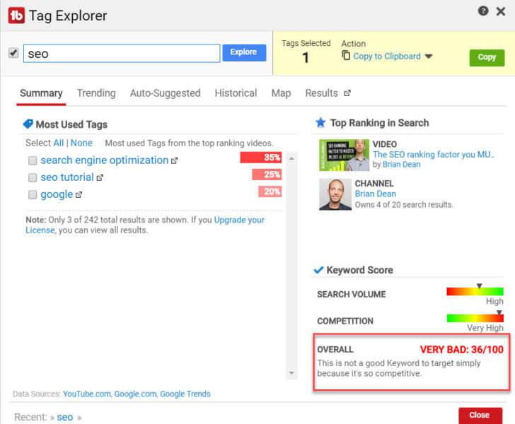 Tubebuddy Tag Explorer Keyword Summary