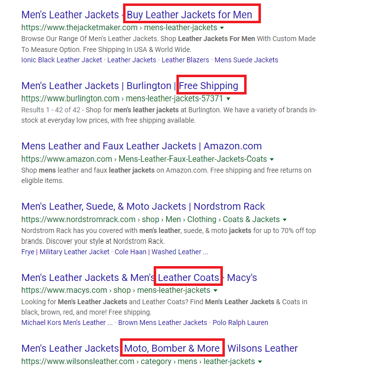 google search results displaying how different brands target different keywords in page title