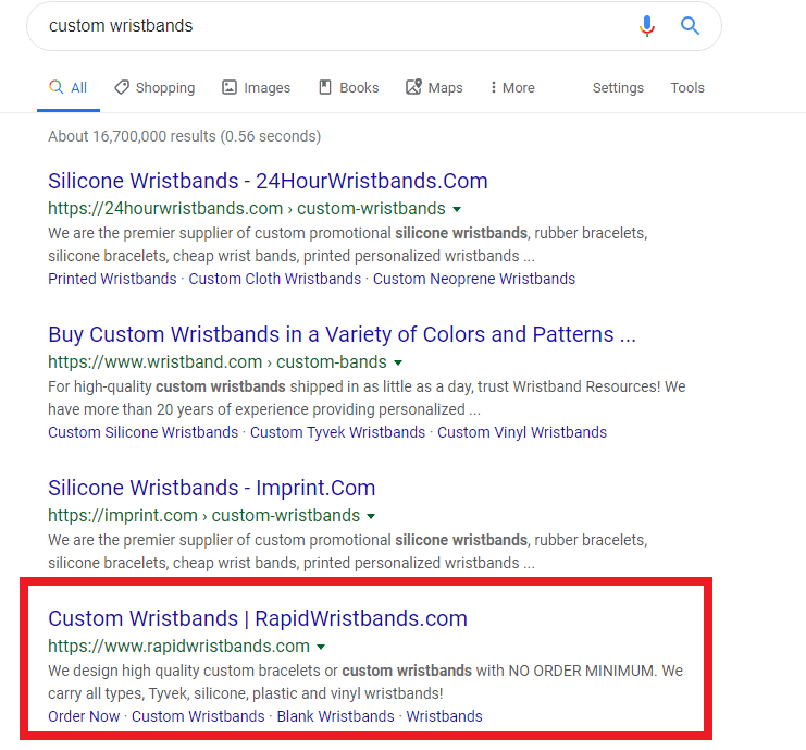 google search results for the keyword custom wristbands