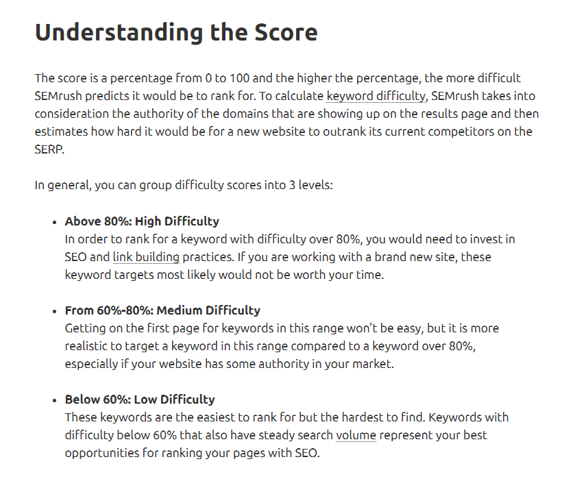 explanation about how semrush calculates keyword difficulty