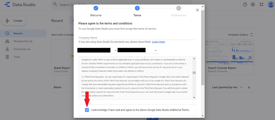 Google Data Studio Screen For Term and CConditions