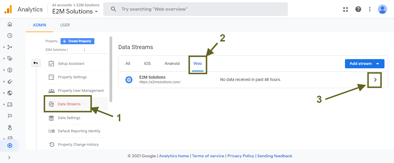 'Web Stream Details' page