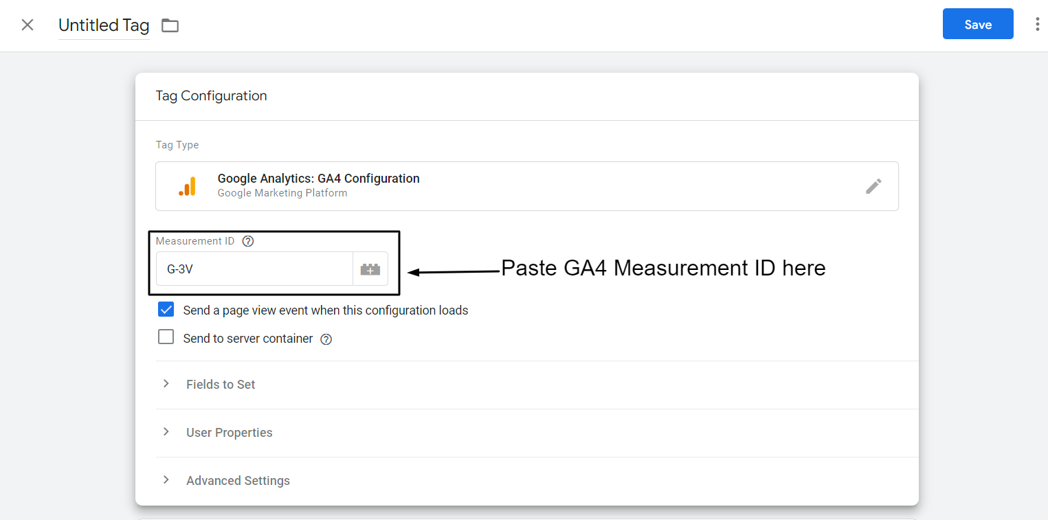 Paste the previously copied GA4 Measurement ID under the "Measurement ID" Box. Paste the previously copied GA4 Measurement ID under the "Measurement ID" Box.