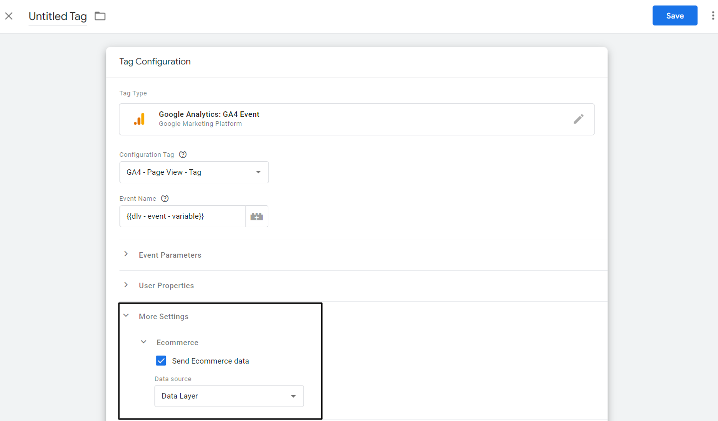 More Settings Send eCommerce Data select Data Layer as datasource More Settings Send eCommerce Data select Data Layer as datasource