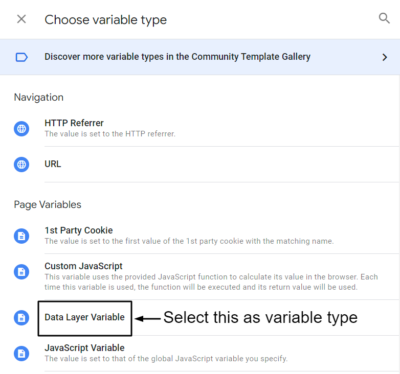 Select Data Layer variable under page variables Select Data Layer variable under page variables