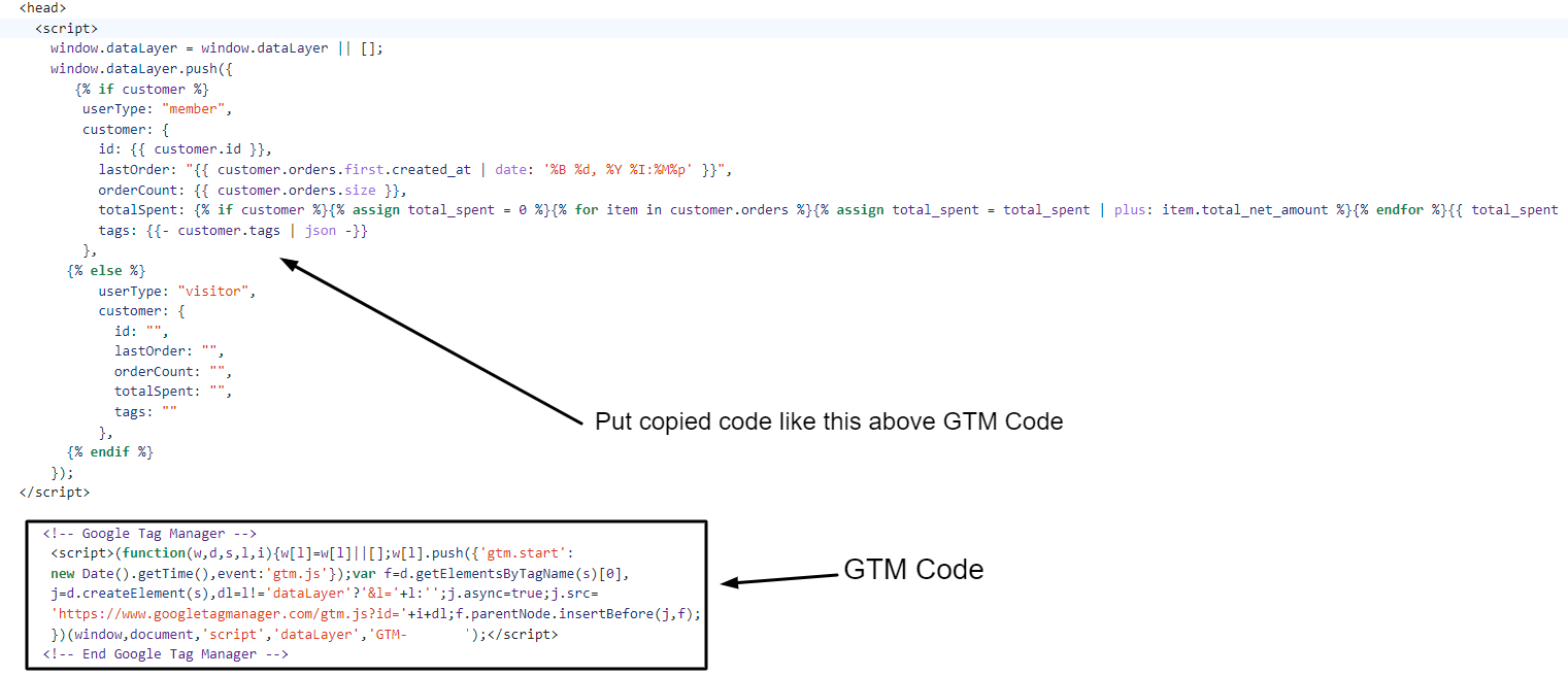 put user data script above the GTM code as shown here User data script above the GTM code