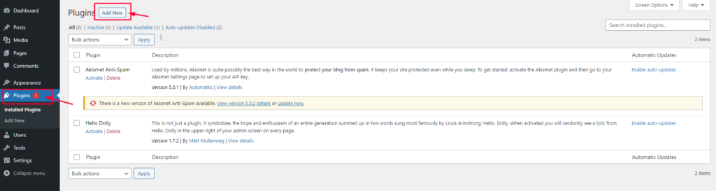 Select Add New above the List of Plugins