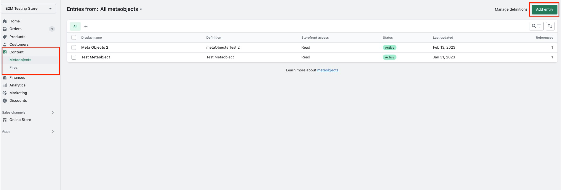 meta objects section in your shopify admin