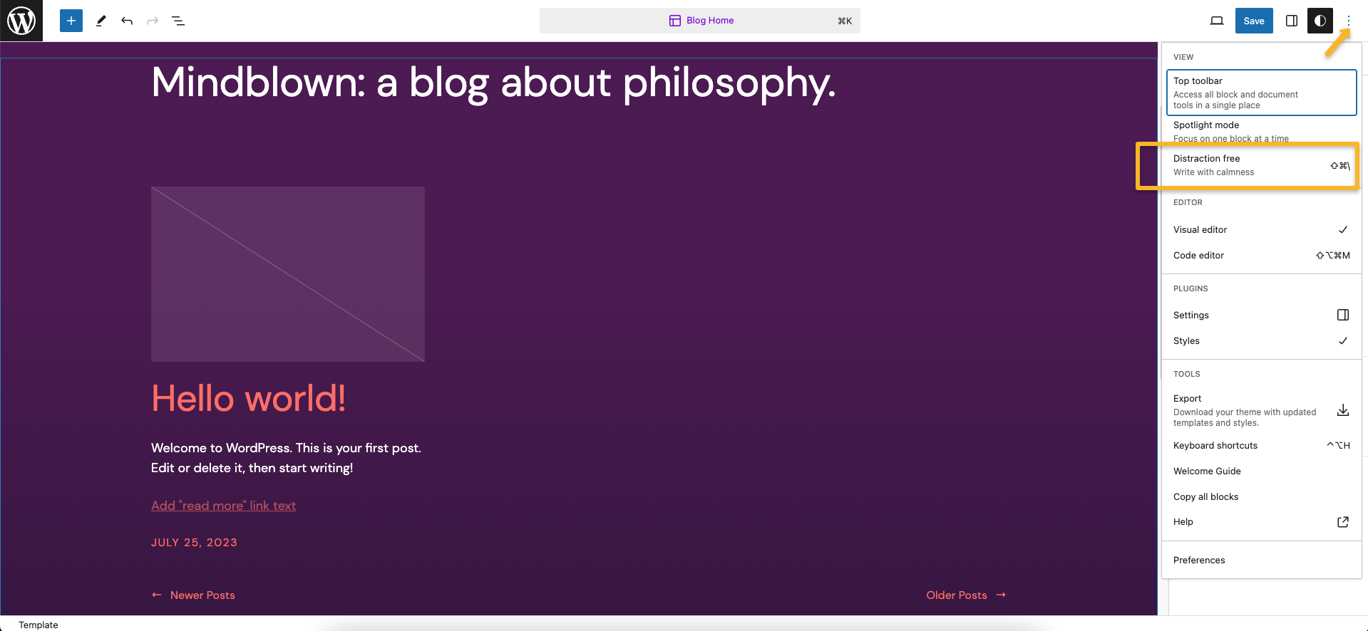 distraction free mode in wp