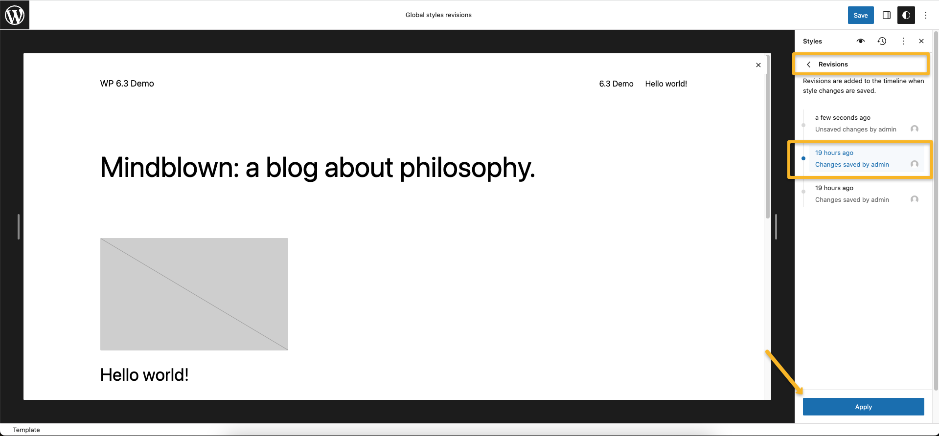 undo style revisions in wordpress 6.3