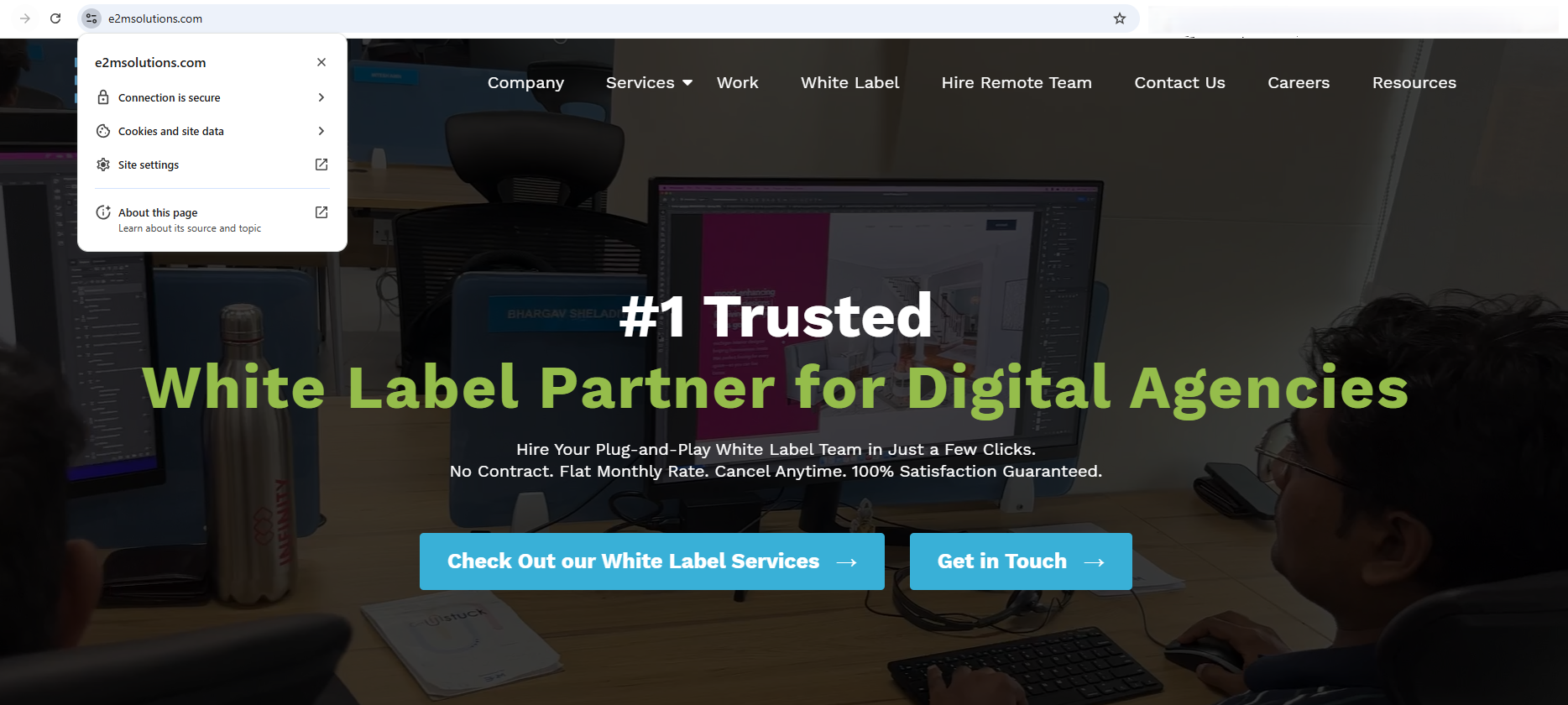 Browser security indicator showing HTTPS padlock icon for e2msolutions.com, demonstrating website trustworthiness and secure connection