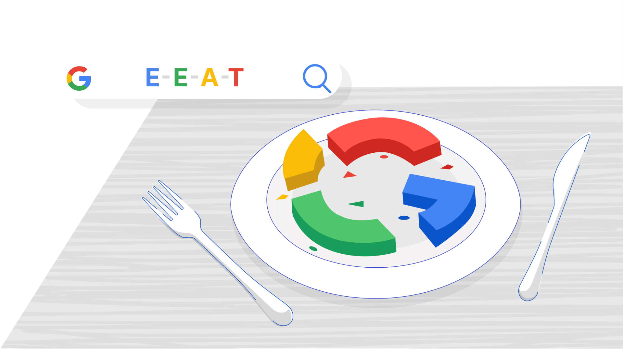 Google E-E-A-T framework visualization with colorful Google G logo in search context, showing the four quality pillars