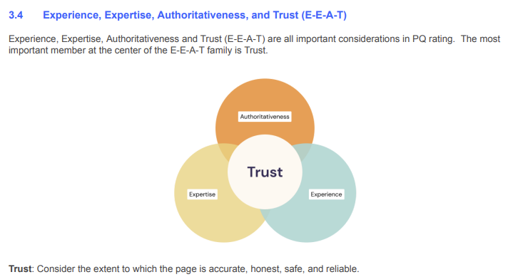 Official Google diagram illustrating E-E-A-T framework with Trust at the center, surrounded by Experience, Expertise, and Authoritativeness