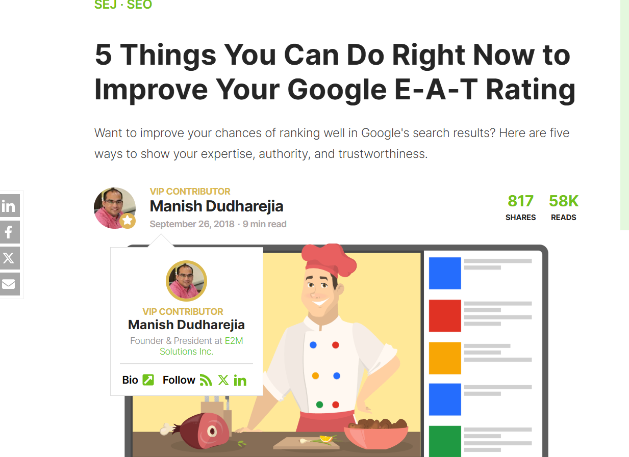 Manish Dudharejia's VIP Contributor profile on Search Engine Journal showing expertise and authoritativeness as Founder & President of E2M Solutions