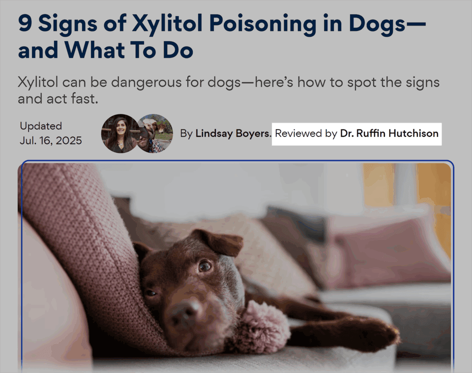 Example of experience-driven content: Dogster article on xylitol poisoning in dogs, written by Lindsay Boyers and medically reviewed by Dr. Ruffin Hutchison