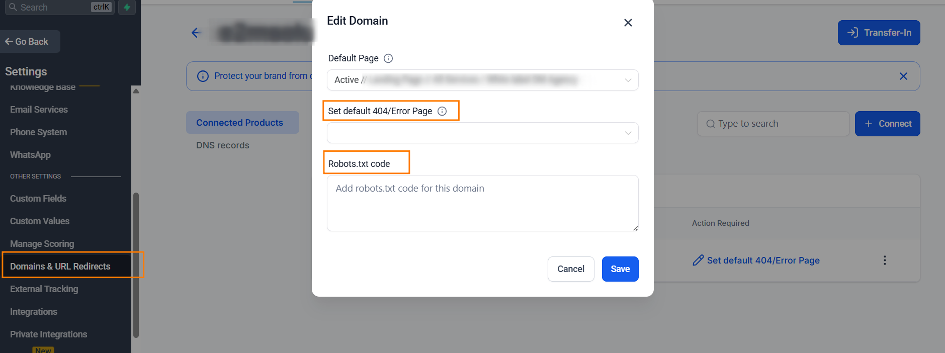 Editing robots.txt code in GoHighLevel domain settings for crawl control