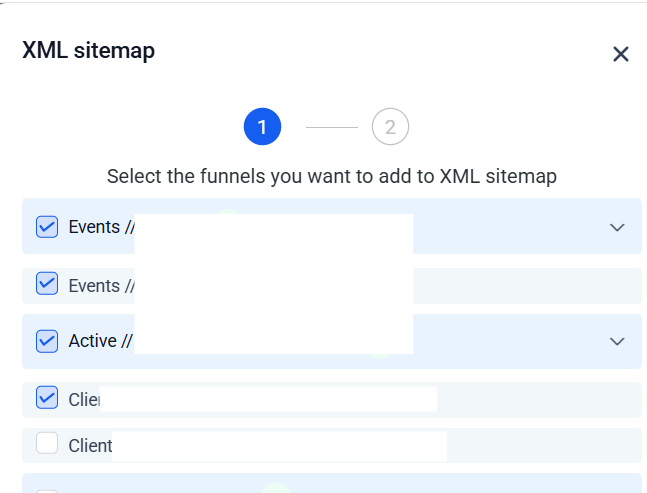 Selecting funnels to include in GoHighLevel XML sitemap configuration