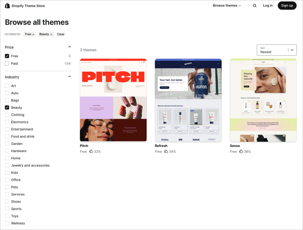 Shopify beauty and skincare theme demo showing product collections and organic layout