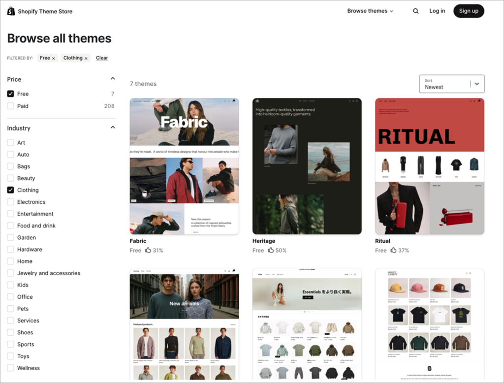Shopify fashion and apparel theme demo showing organic product listing layout