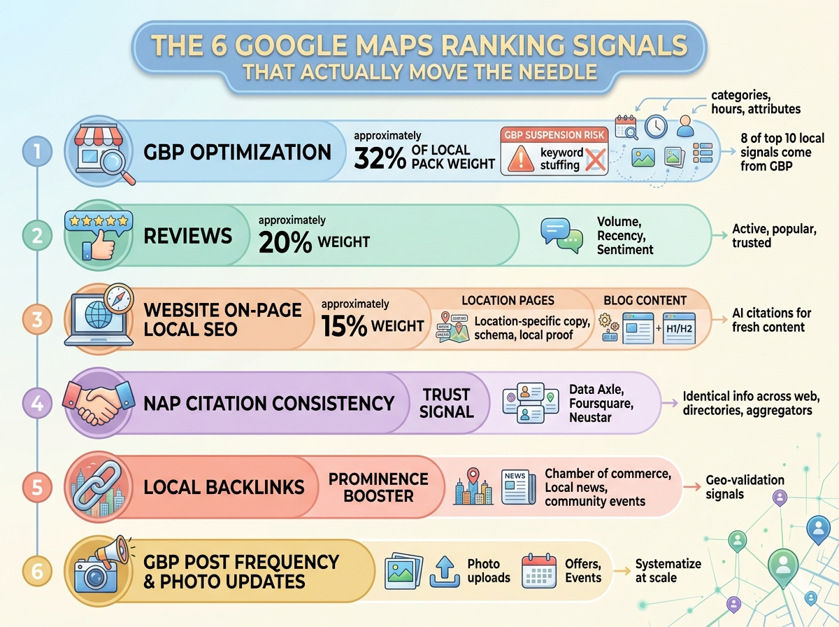 For Local Business, need The 6 Google Maps Ranking Signals That Actually Move the Needle. GBP Optimization, Reviews, Website On page Local SEO, NAP Citation, local backlinks, and GBP post frequency- Infographic
