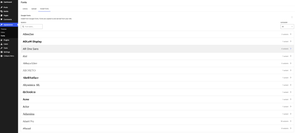 Font library settings in WordPress for typography customization and branding consistency