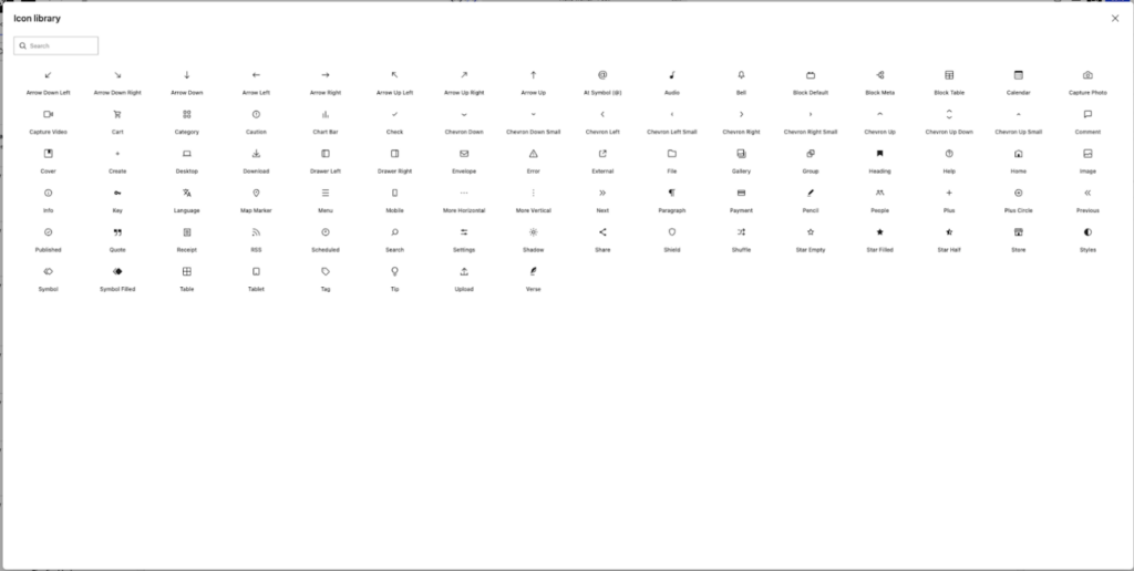 Icons block in WordPress editor for adding visual elements to website content