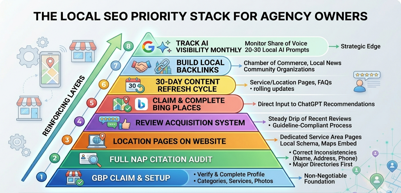 The Local SEO Priority, Stack for Agency Owners. Reinforcing layers to get your client's local business shows and mention in AI visibility