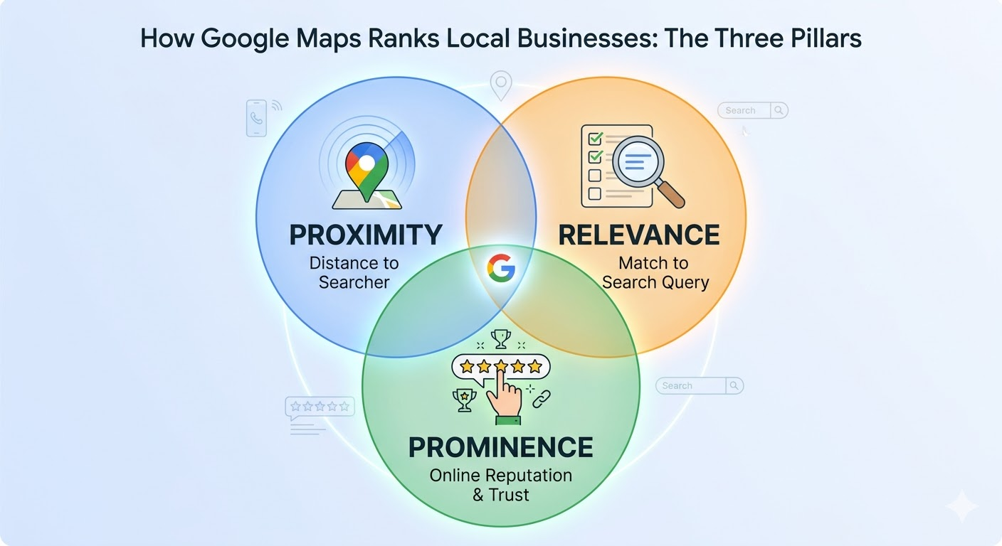 How Google Maps Ranks Local Businesses: The Three Pillars, Proximity, relevance and prominence for online reputation & trust