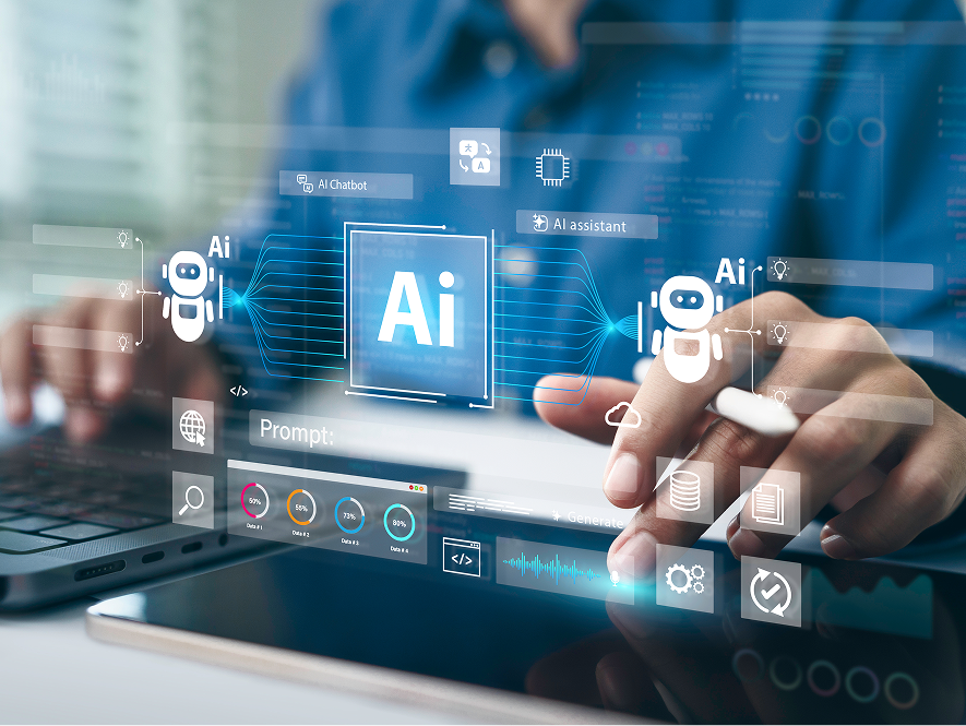 White label CRM and AI automation — working laptop with transparent interface displaying AI, bots, scores, and workflow layouts
