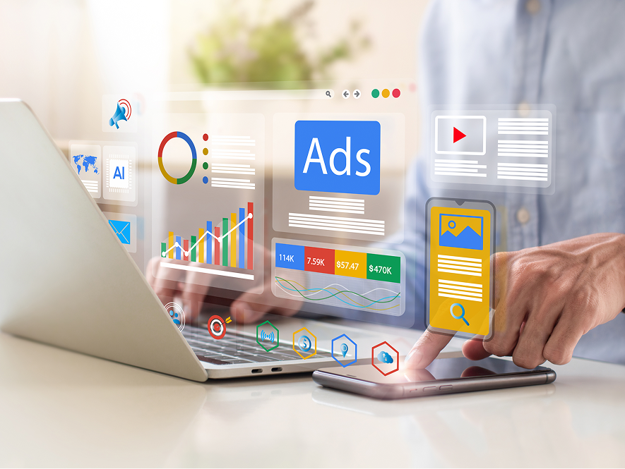 White label HighLevel website and funnel development — laptop with transparent 3D screen overlay showing icons, graphs, layouts, and structure