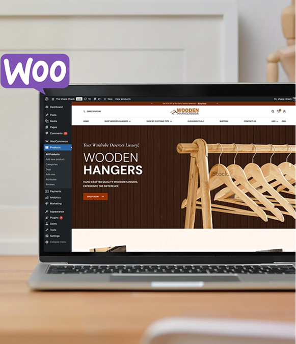 White label WooCommerce store development and architecture — laptop displaying WordPress WooCommerce dashboard for building and managing online store