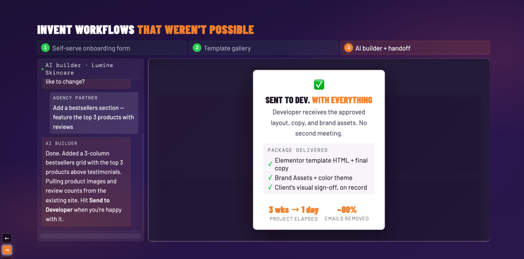 Vistara AI Event by E2M 2026, Ronik Patel's AI builder handoff slide showing chat-style instructions and a card reading “Sent to dev with everything,” listing delivered package items like Elementor template HTML, brand assets, and client sign-off