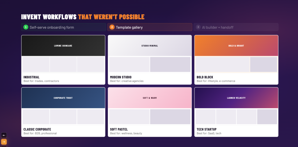 Vistara AI Event by E2M 2026, Ronik Patel's Template gallery slide titled “Invent workflows that weren’t possible” displaying multiple website template cards such as Industrial, Modern Studio, Bold Block, Classic Corporate, Soft Pastel, and Tech Startup