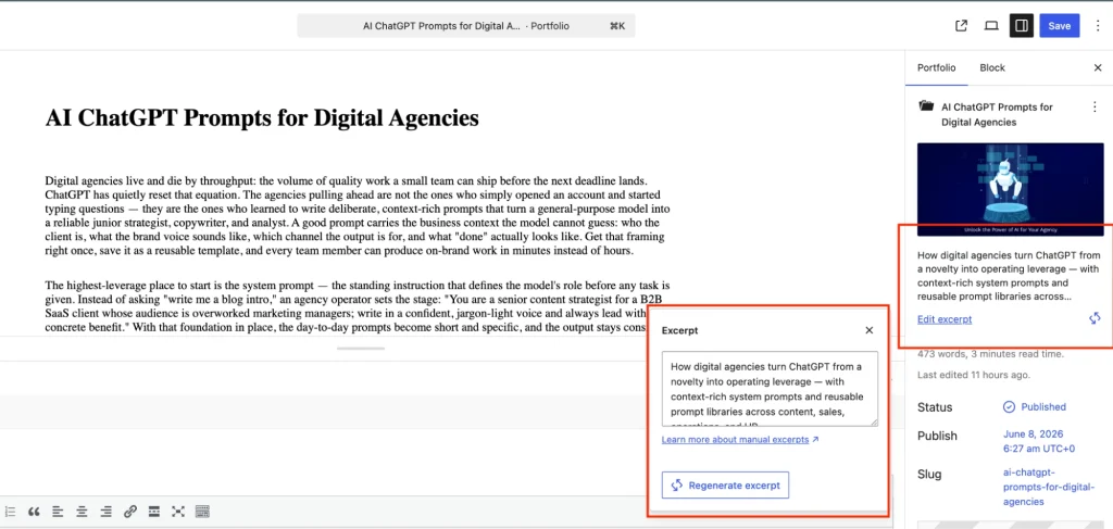 WordPress editor interface showing an active AI ability modal automatically generating and populating a concise post summary in the excerpt field.