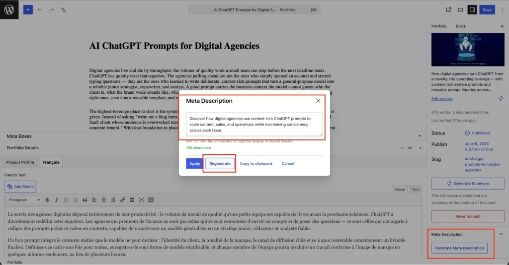 WordPress editor interface showing an active AI ability modal generating an SEO-friendly meta description from a post's content.