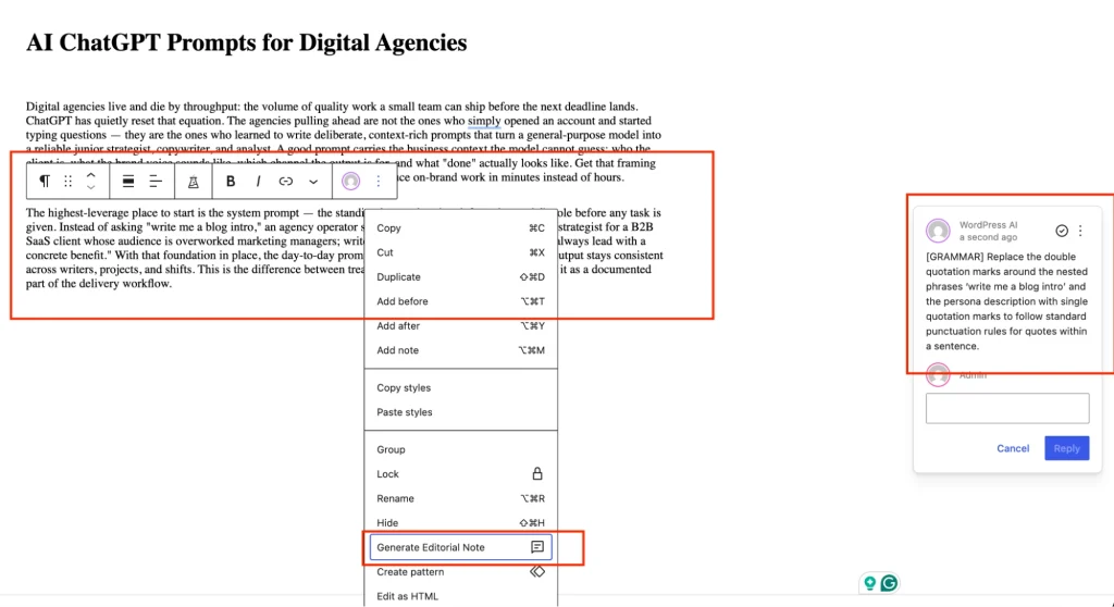 WordPress editor interface showing a custom block menu option to generate editorial notes alongside an automated AI grammar comment panel.