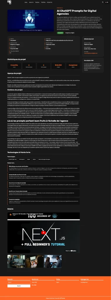 A live portfolio project page displaying AI-generated French content and a header language switcher for seamless translation toggling.