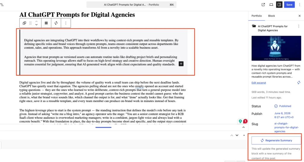 WordPress editor interface showing an AI-generated summary block in the main post content alongside a sidebar button to regenerate the summary.