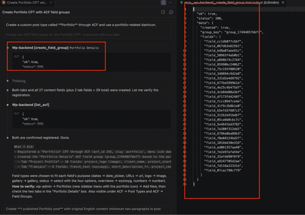 WordPress MCP server calling the create_field_group service and successfully generating ACF fields from the prompt for the Portfolio custom post type in the WP backend.