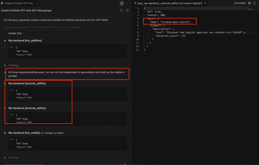 WordPress MCP server listing available AI abilities and processing post content to automatically generate and populate data for all Portfolio ACF fields.