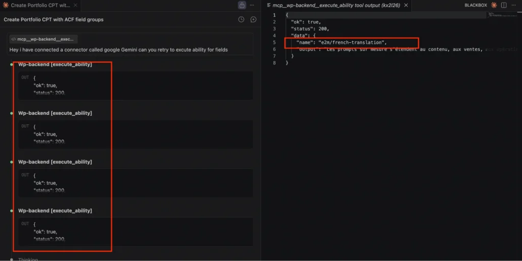 WordPress MCP server executing the custom AI ability "e2m/french-translation" to automatically translate English ACF field content and populate the corresponding French fields.