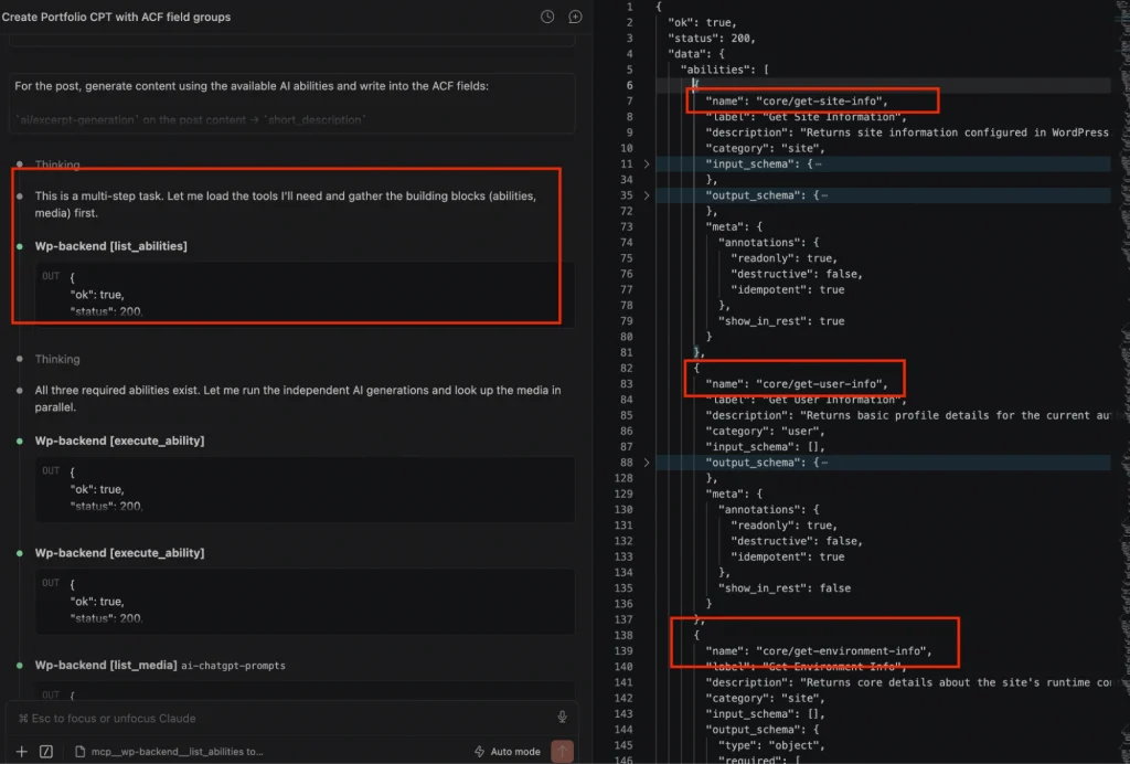 WordPress MCP server listing available AI abilities and processing post content to automatically generate and populate data for all Portfolio ACF fields.