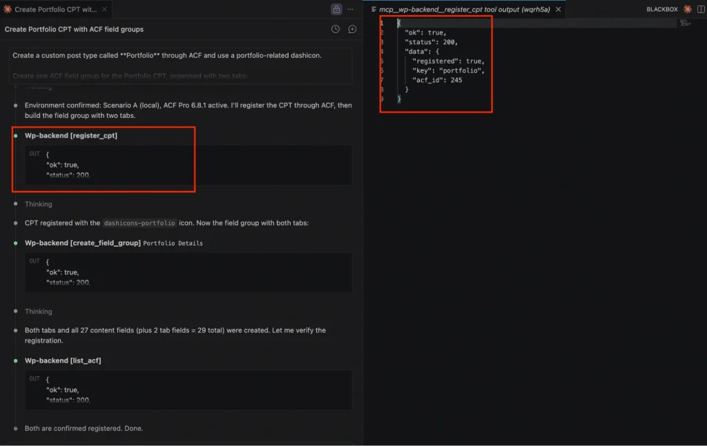 WordPress MCP server calling the register_cpt service and successfully creating the Portfolio custom post type (CPT) with ACF in the WP backend.
