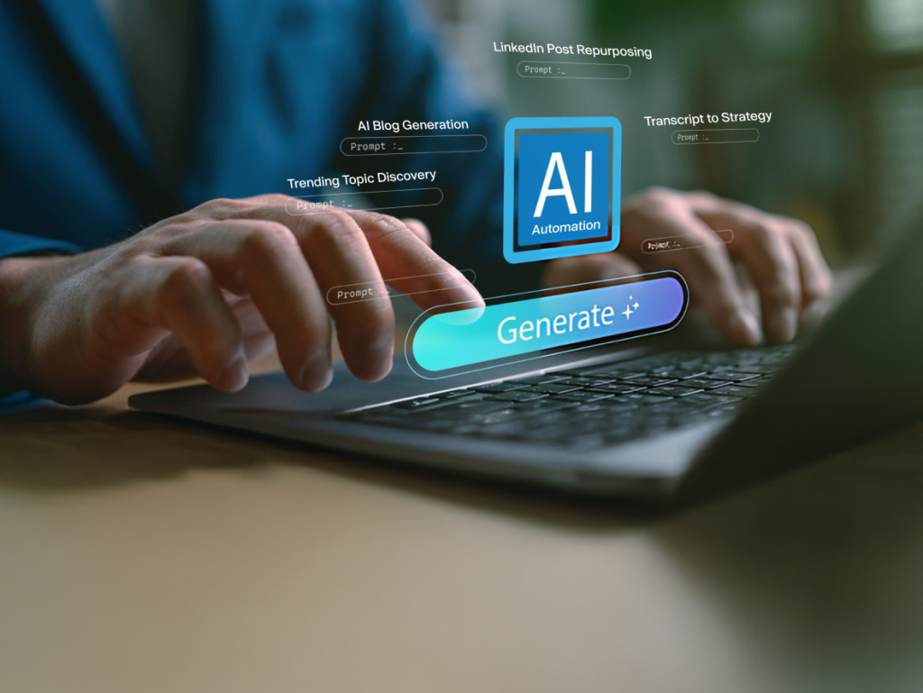 AI content automation generating blogs, LinkedIn posts, and marketing content