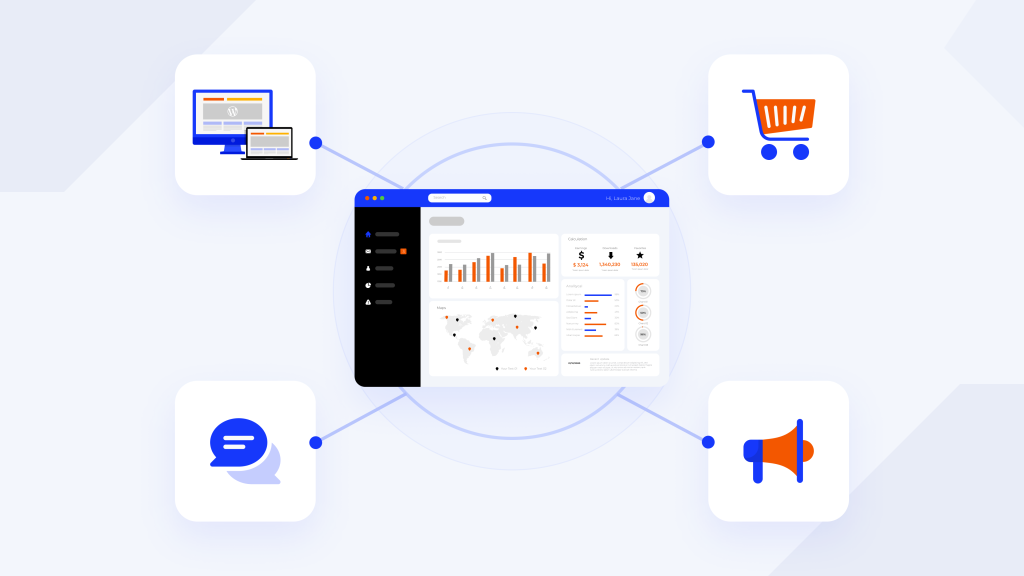 Illustration of a GoHighLevel CRM hub connecting to WordPress, Shopify, ad platforms, and messaging tools