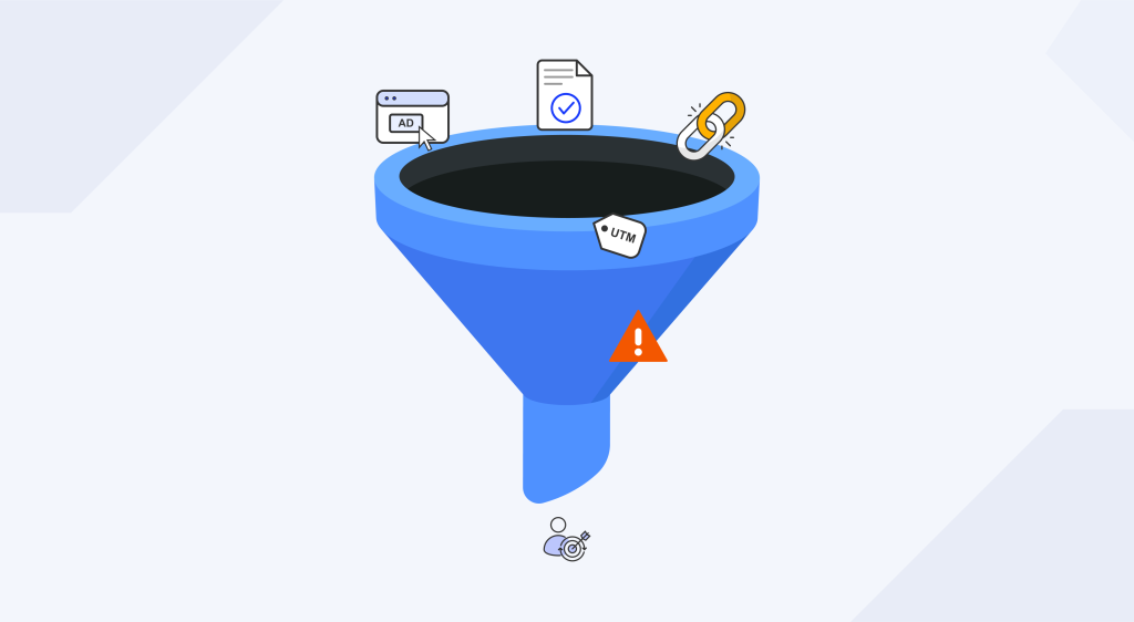Funnel diagram showing where UTM attribution can break when traffic crosses domains before reaching GoHighLevel